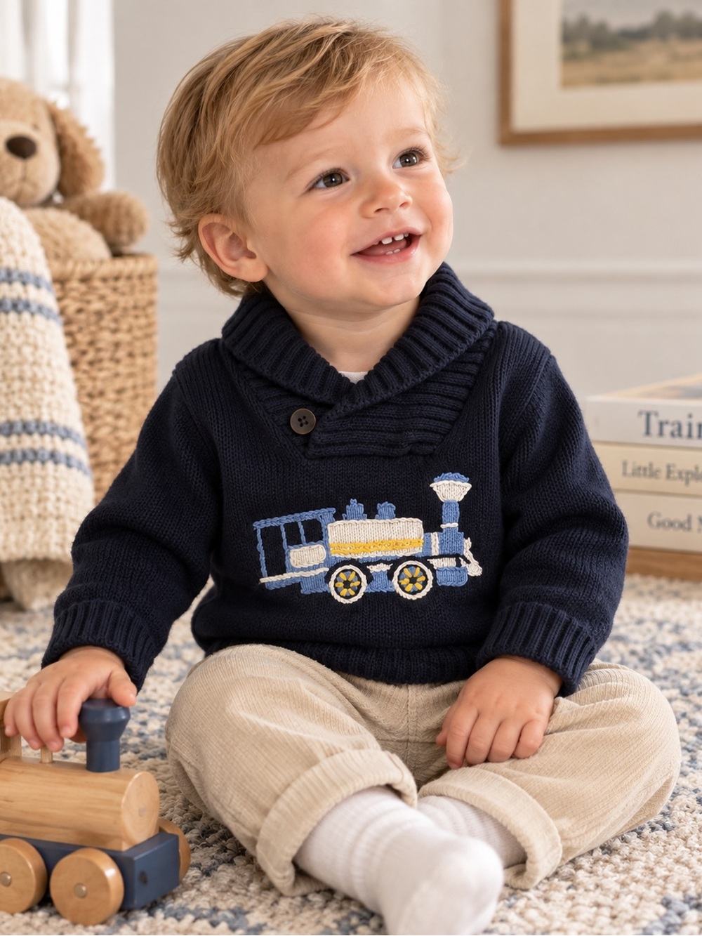 Janie and Jack Baby Boy Navy Train Shawl Collar Sweater Size 6-12 Months